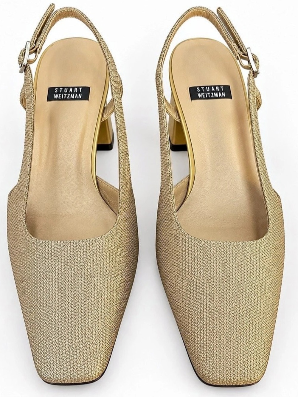 Stuart Weitzman Gold Metallic Slingback Square Toe Block Heel Pumps 8 AA